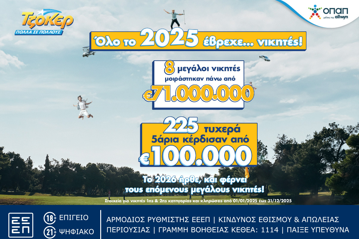 ΤΖΟΚΕΡ: Κέρδη άνω των 71 εκατ. ευρώ στους νικητές της πρώτης κατηγορίας μέσα στο 2025 και περισσότερα από 22 εκατ. ευρώ στους τυχερούς 5άρηδες
